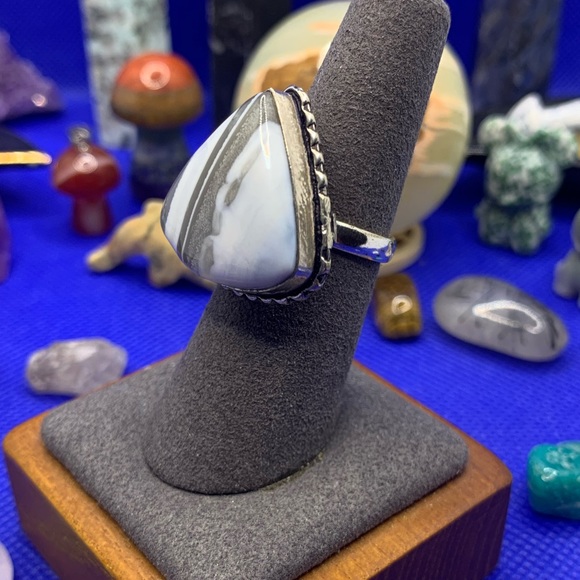 Comfort Curl Natural Blue Opal Adjustable Ring! .925 Sterling Silver Overlay - Picture 4 of 17